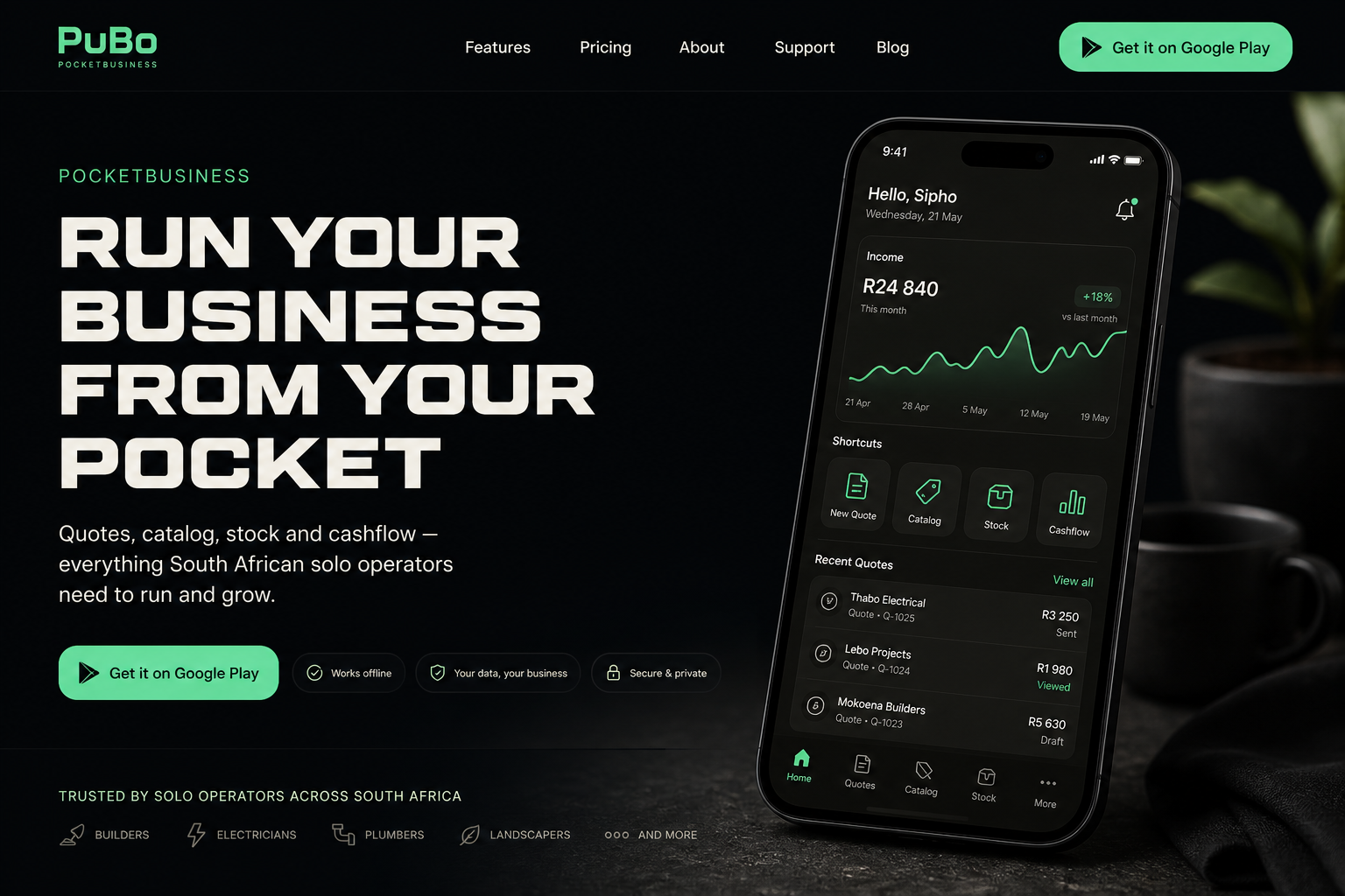 Vlyt: run your business from your pocket. Quotes, catalog, stock and cashflow for South African solo operators.