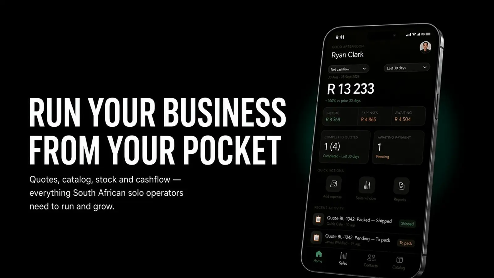 Vlyt: run your business from your pocket. Brew Lab home on phone — quotes, catalog, stock and cashflow for South African solo operators.