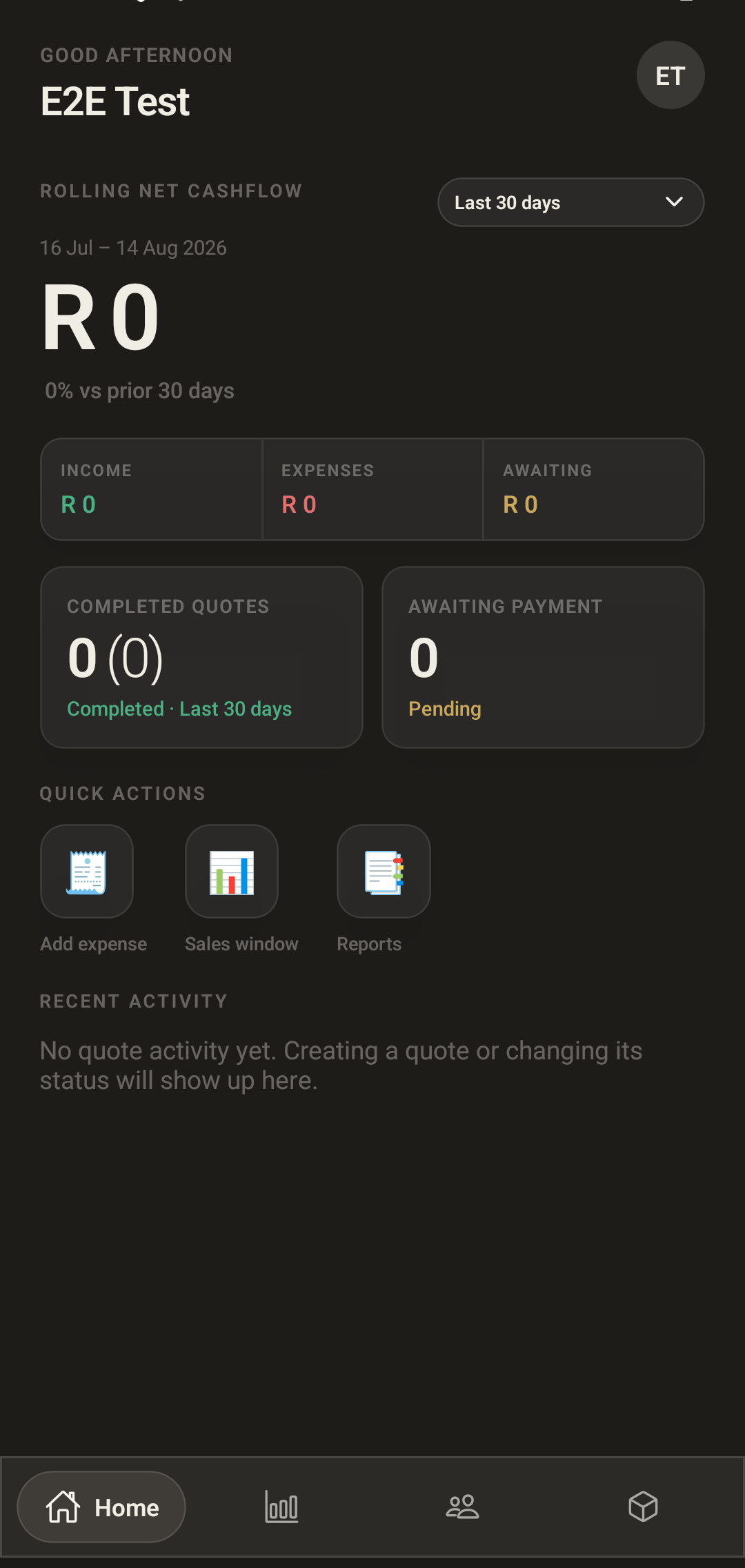 Vlyt Home dashboard in dark mode, showing net cashflow, income, expenses and awaiting.