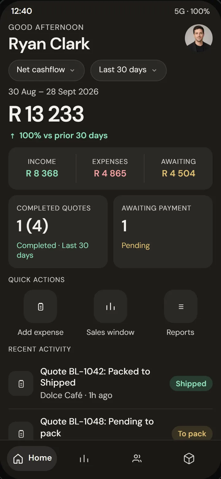 Vlyt Home for Brew Lab: Ryan Clark, net cashflow R 13 233, income, expenses and recent quote activity.